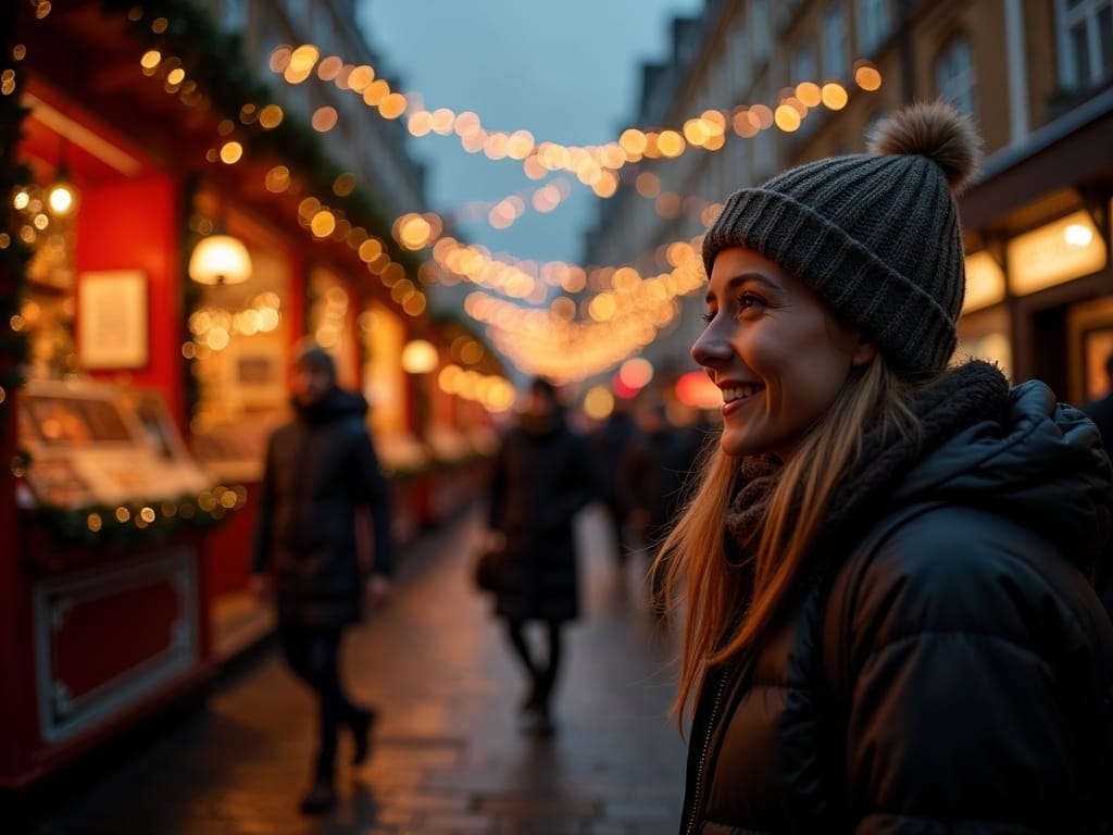 Famille française visitant un marché de Noël britannique illuminé en soirée