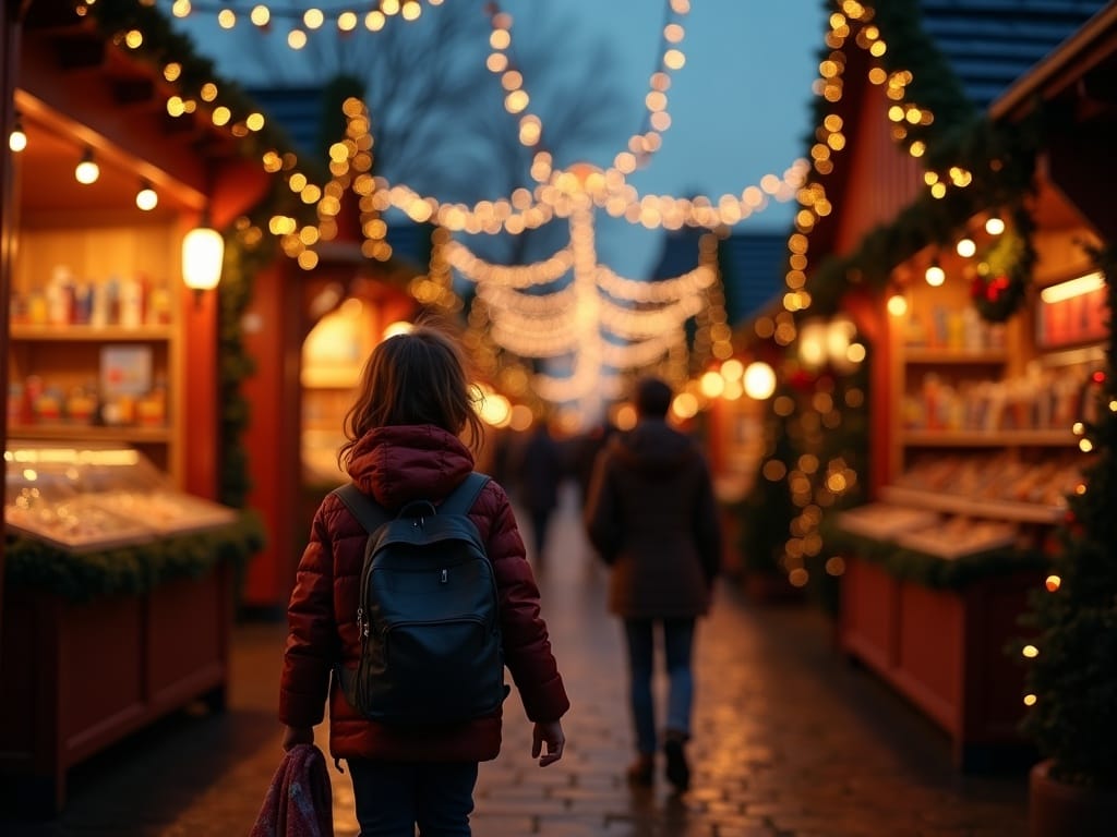 Famille française visitant un marché de Noël britannique illuminé le soir