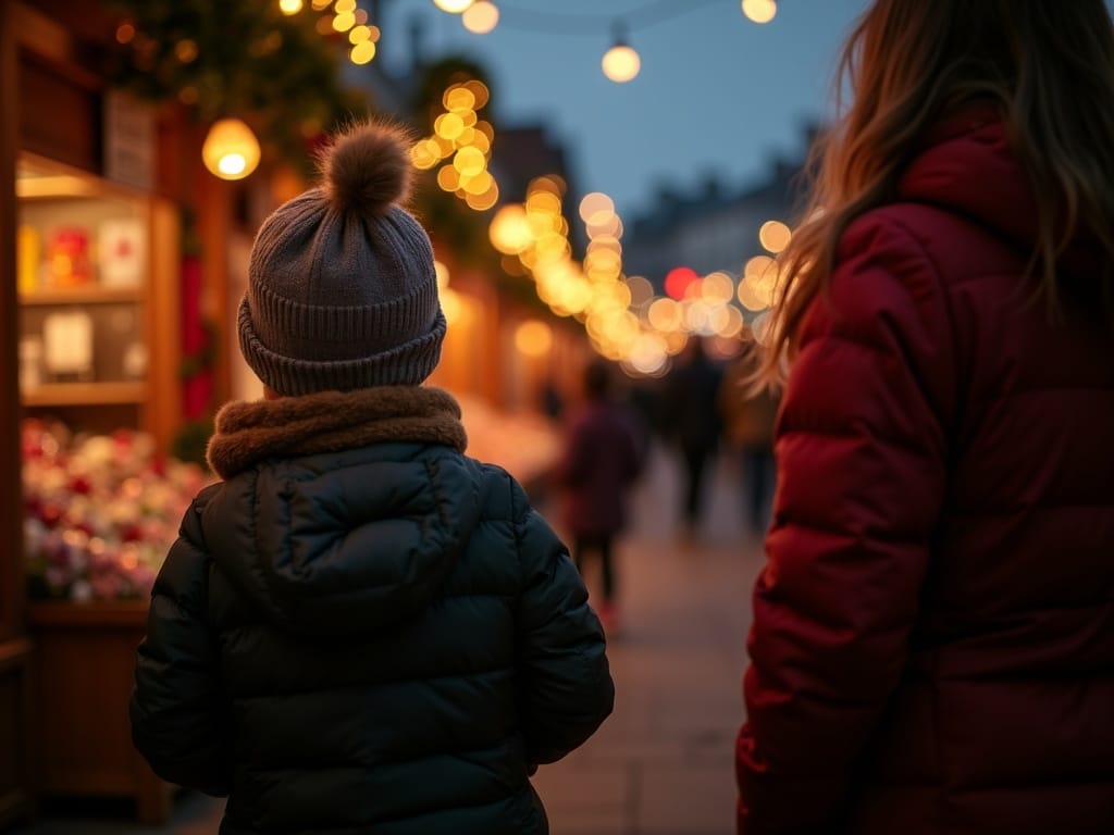 Famille visitant un marché de Noël au Royaume-Uni sous des lumières festives