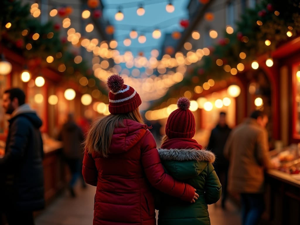 Famille explorant un marché de Noël au Royaume-Uni sous les lumières festives du soir