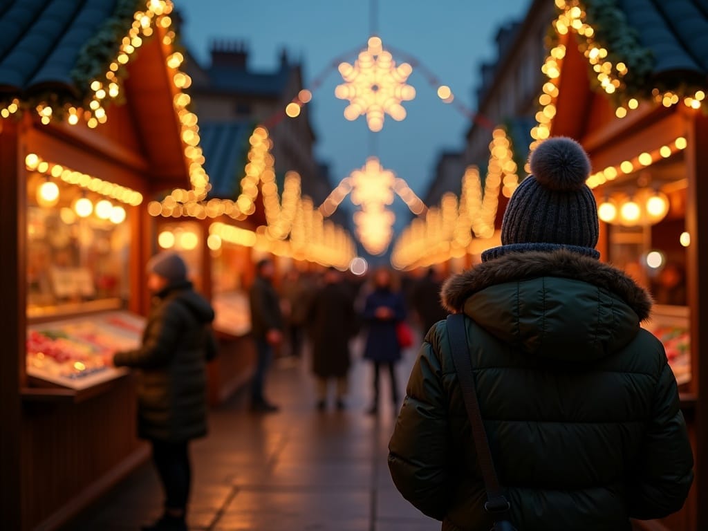 Famille explorant un marché de Noël au Royaume-Uni sous des lumières festives