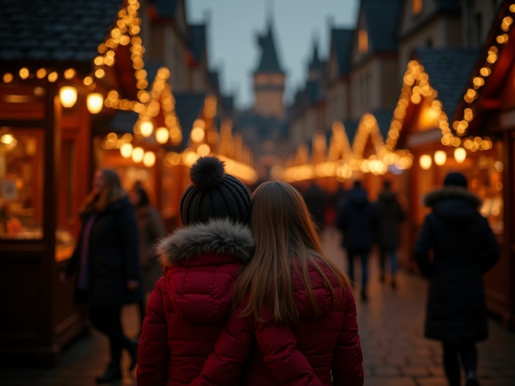 Famille française découvrant un marché de Noël au Royaume-Uni le soir