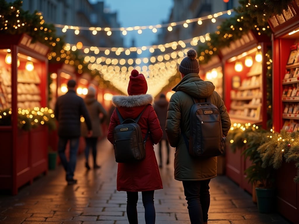 Famille française explorant un marché de Noël britannique en soirée illuminée
