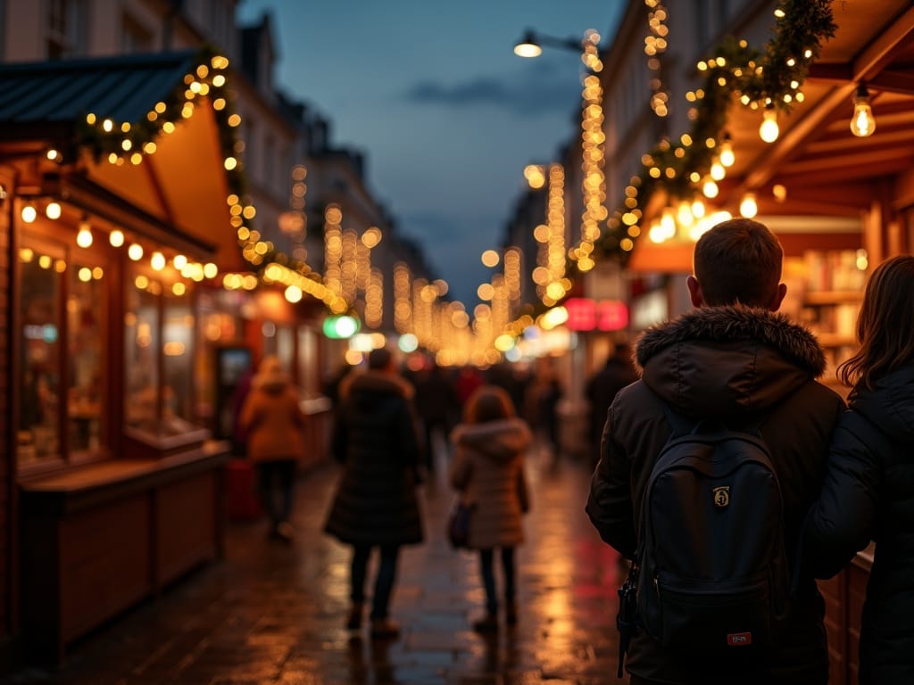 Famille française explorant un marché de Noël britannique en soirée