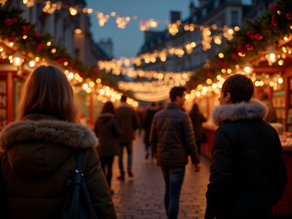 Famille visitant un marché de Noël britannique illuminé en soirée