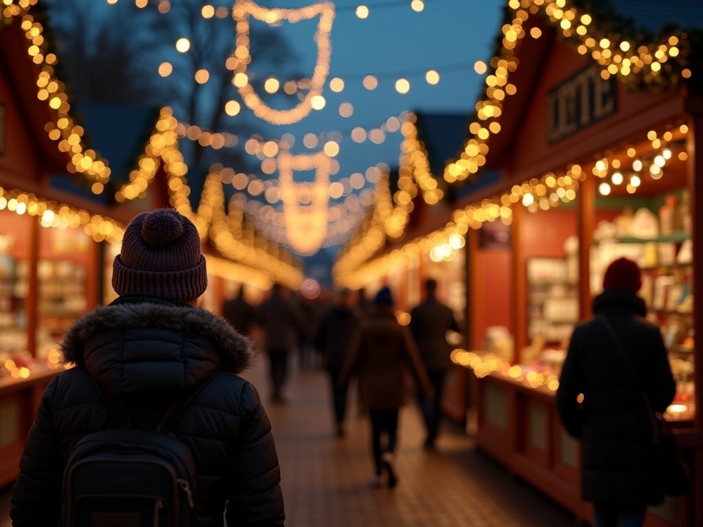 Famille visitant un marché de Noël au Royaume-Uni illuminé le soir
