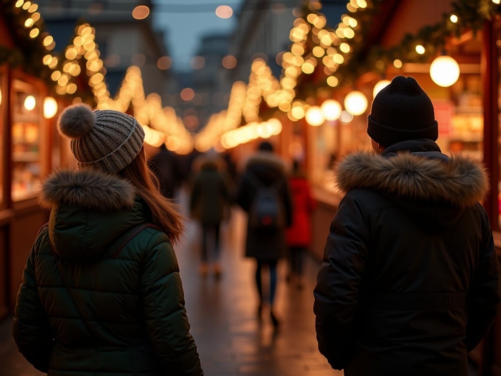 Famille française visitant un marché de Noël britannique sous lumières festives