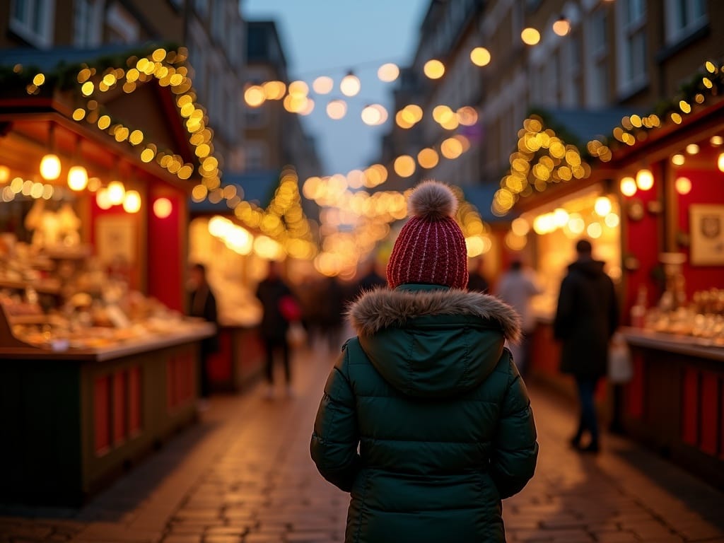 Famille visitant un marché de Noël au Royaume-Uni, lumières festives