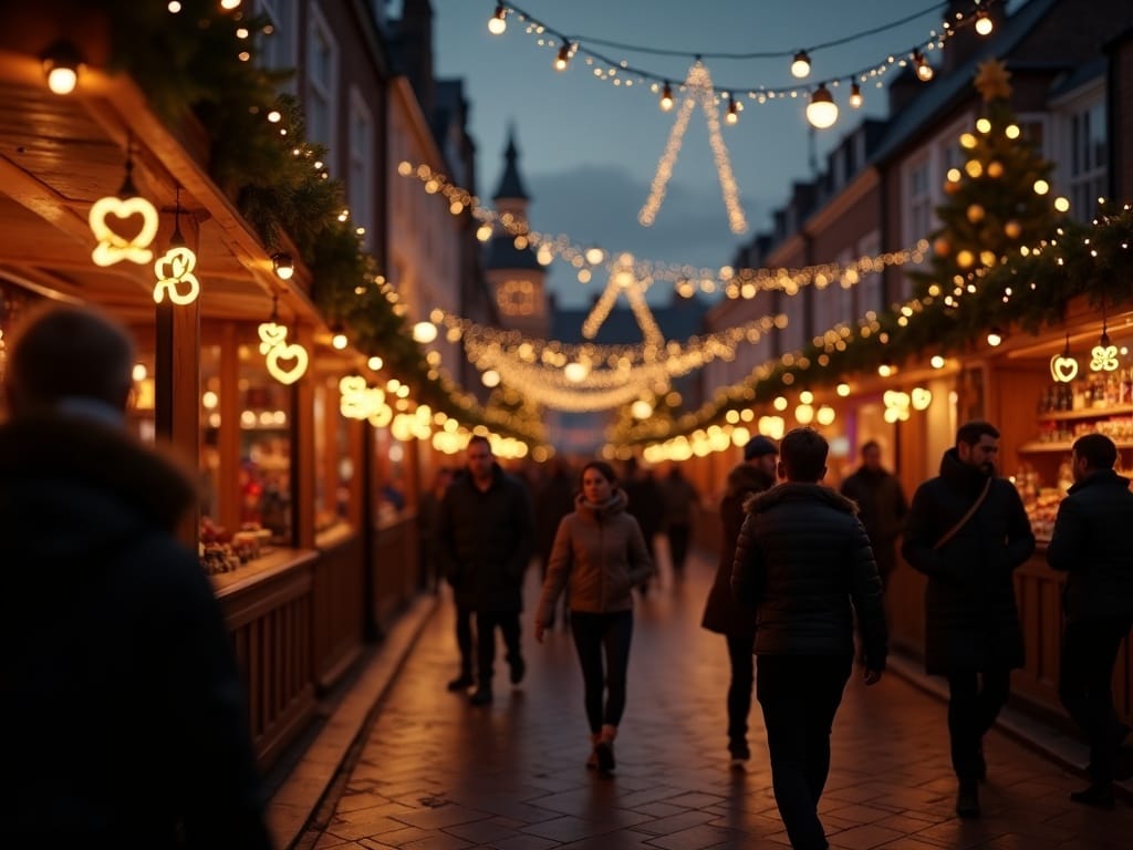 Famille visitant un marché de Noël à Londres sous des lumières festives