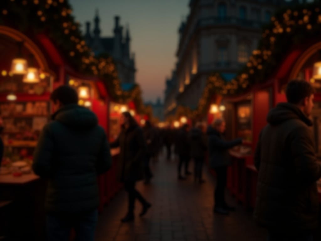 Famille explorant un marché de Noël britannique illuminé en soirée