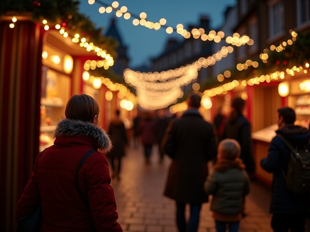 Famille française visitant un marché de Noël britannique illuminé le soir