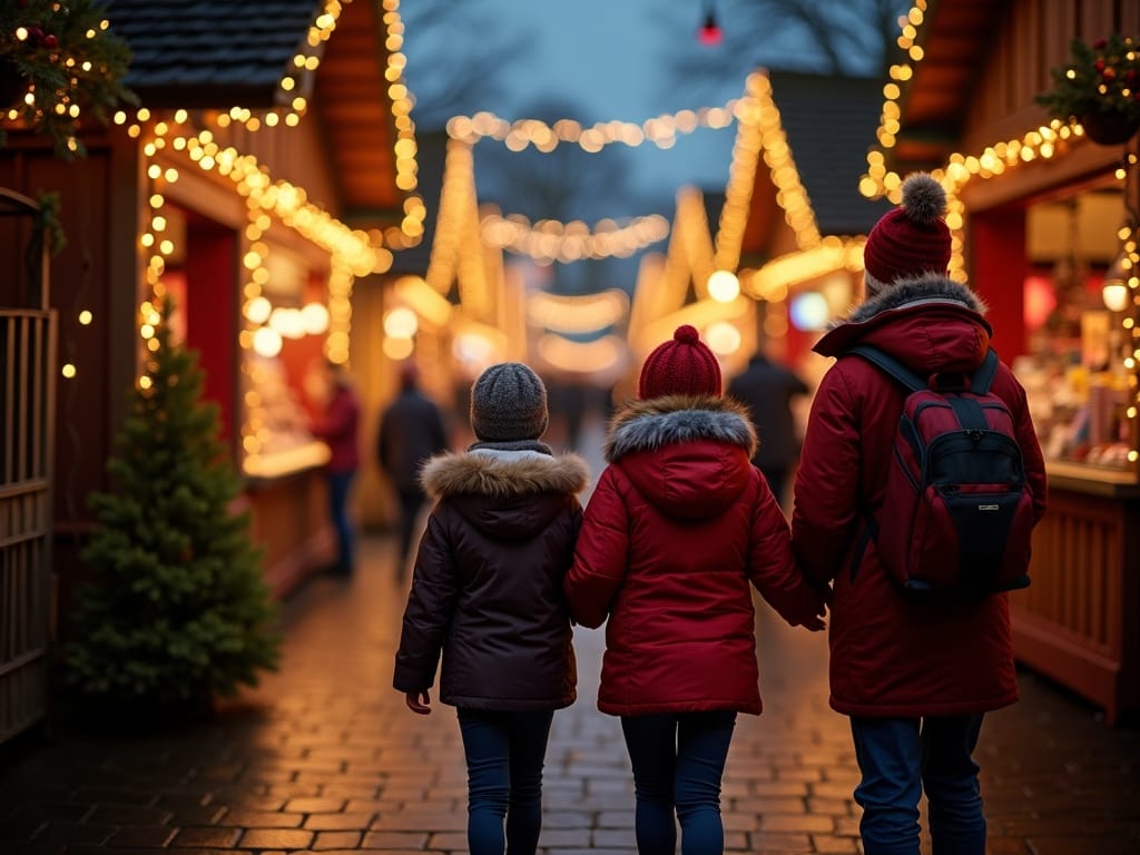 Famille française explorant un marché de Noël au Royaume-Uni illuminé en soirée