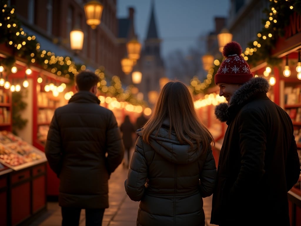 Famille française explorant un marché de Noël au Royaume-Uni sous les lumières festives du soir
