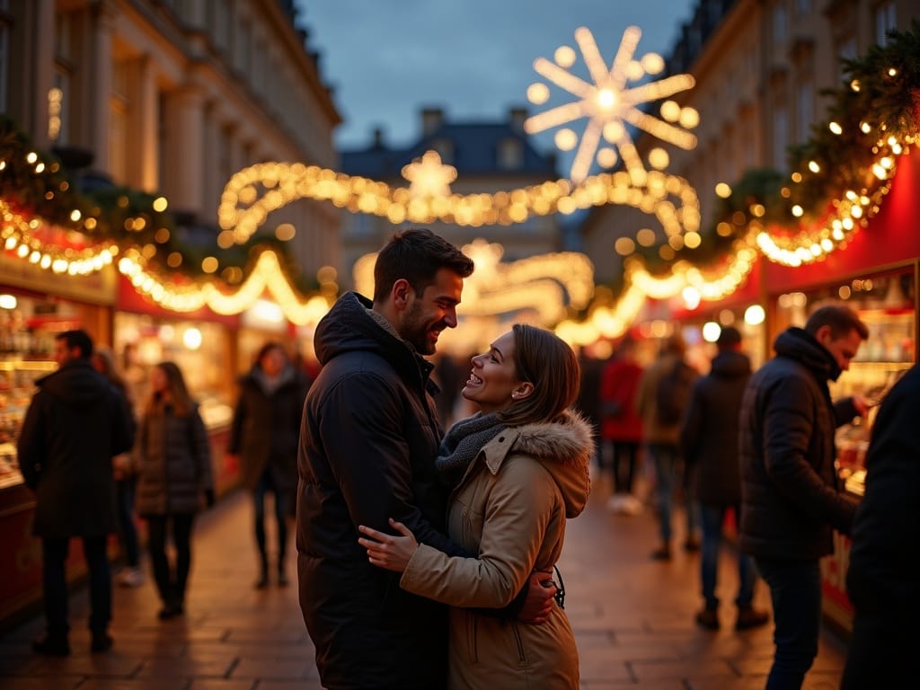 Famille visitant un marché de Noël à Bath sous les lumières festives du soir