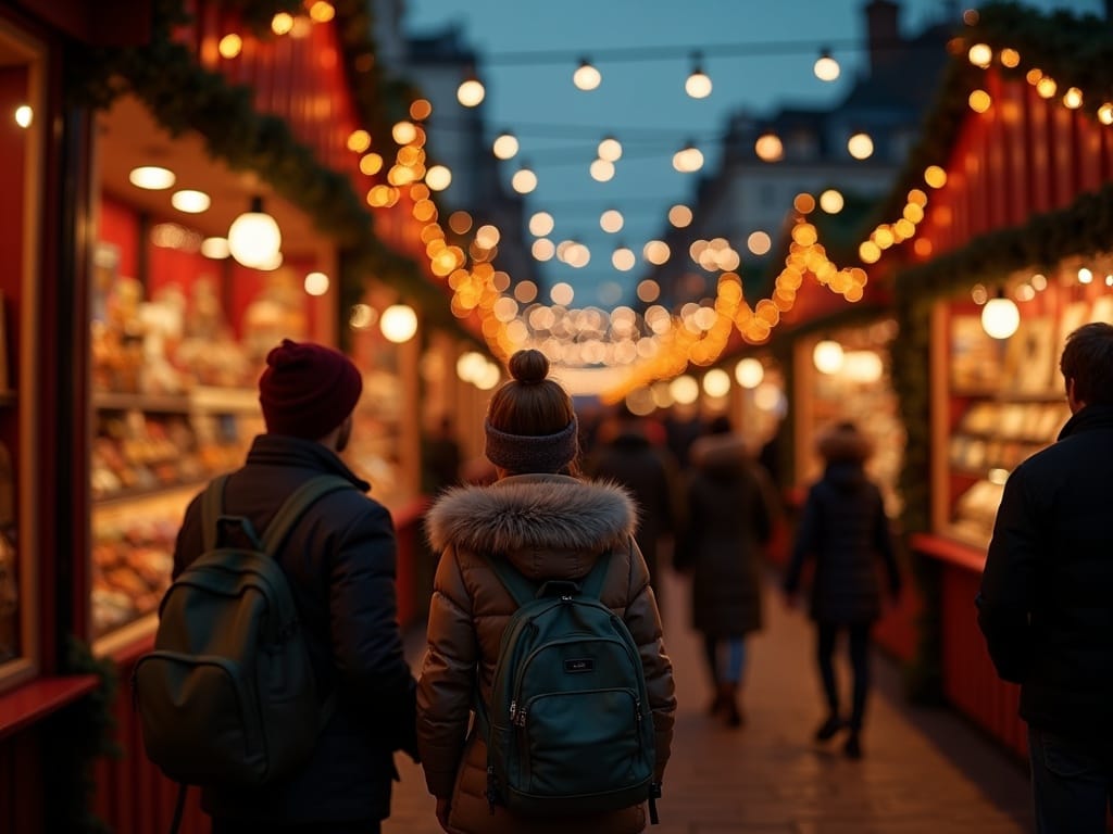 Famille visitant un marché de Noël au Royaume-Uni, lumières féeriques du soir